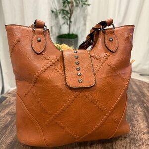 Tan Quilted Leather Shoulder Bag with Metal Studs